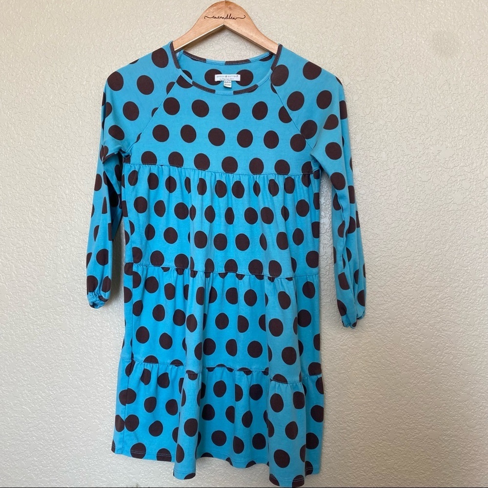 Green cotton girls dress polka dot 14 blue teal‎ and brown Garnet Hill